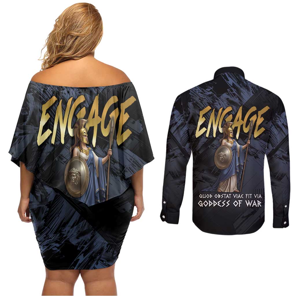 Ancient Greek Athena Couples Matching Off Shoulder Short Dress and Long Sleeve Button Shirt Goddess Of Wisdom - Wonder Print Shop