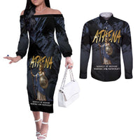 Ancient Greek Athena Couples Matching Off The Shoulder Long Sleeve Dress and Long Sleeve Button Shirt Goddess Of Wisdom - Wonder Print Shop