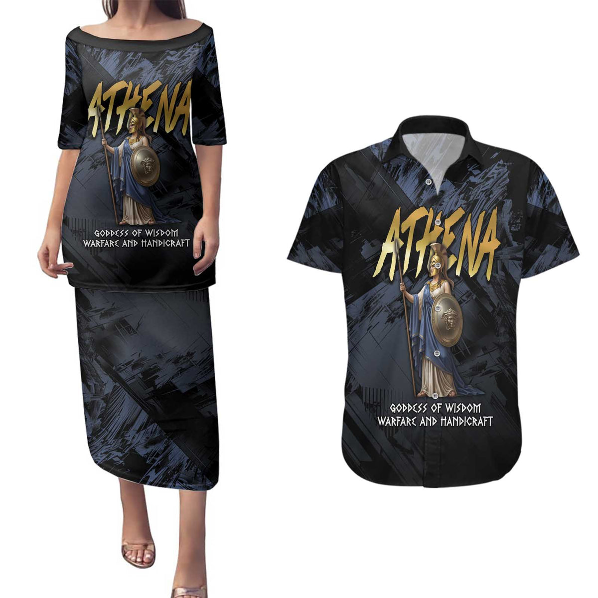 Ancient Greek Athena Couples Matching Puletasi and Hawaiian Shirt Goddess Of Wisdom - Wonder Print Shop