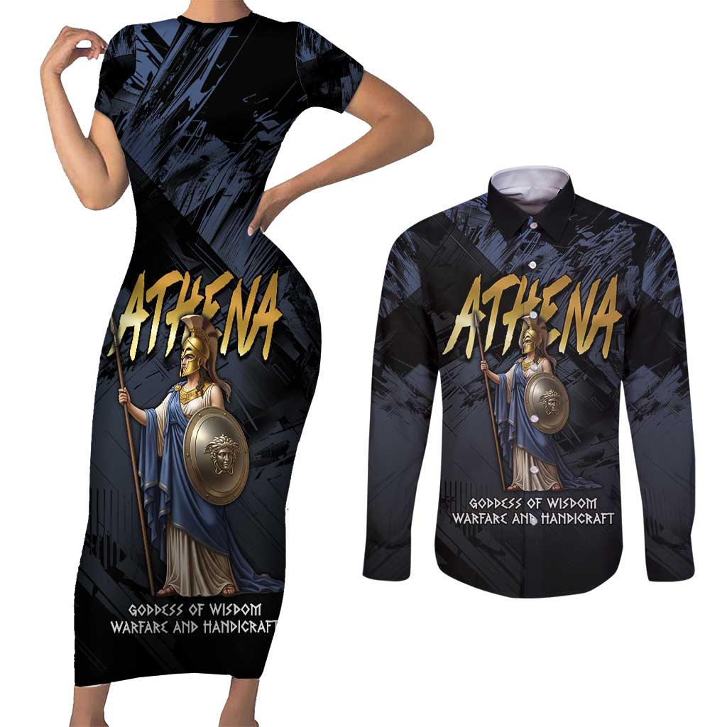 Ancient Greek Athena Couples Matching Short Sleeve Bodycon Dress and Long Sleeve Button Shirt Goddess Of Wisdom - Wonder Print Shop