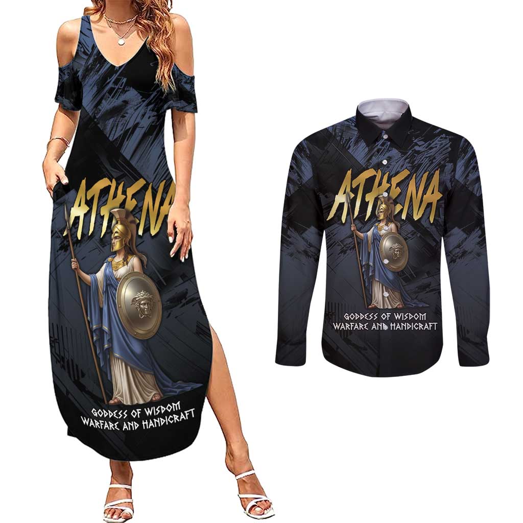 Ancient Greek Athena Couples Matching Summer Maxi Dress and Long Sleeve Button Shirt Goddess Of Wisdom - Wonder Print Shop