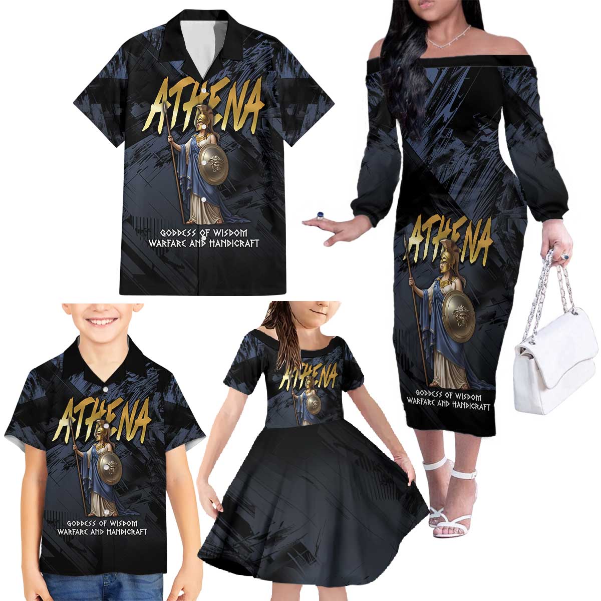 Ancient Greek Athena Family Matching Off The Shoulder Long Sleeve Dress and Hawaiian Shirt Goddess Of Wisdom - Wonder Print Shop
