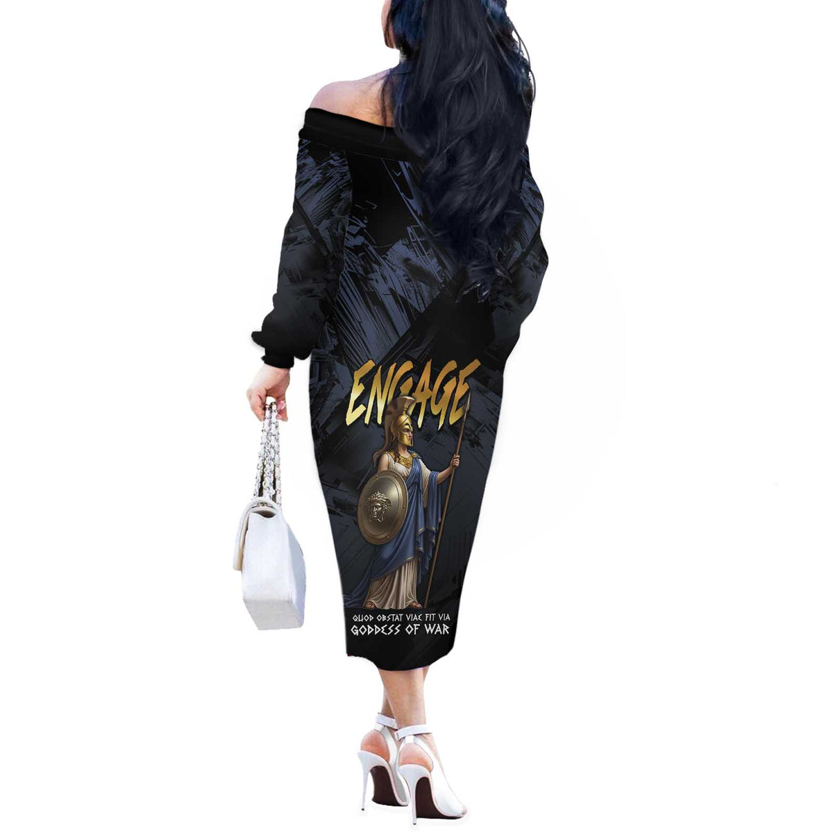 Ancient Greek Athena Off The Shoulder Long Sleeve Dress Goddess Of Wisdom - Wonder Print Shop