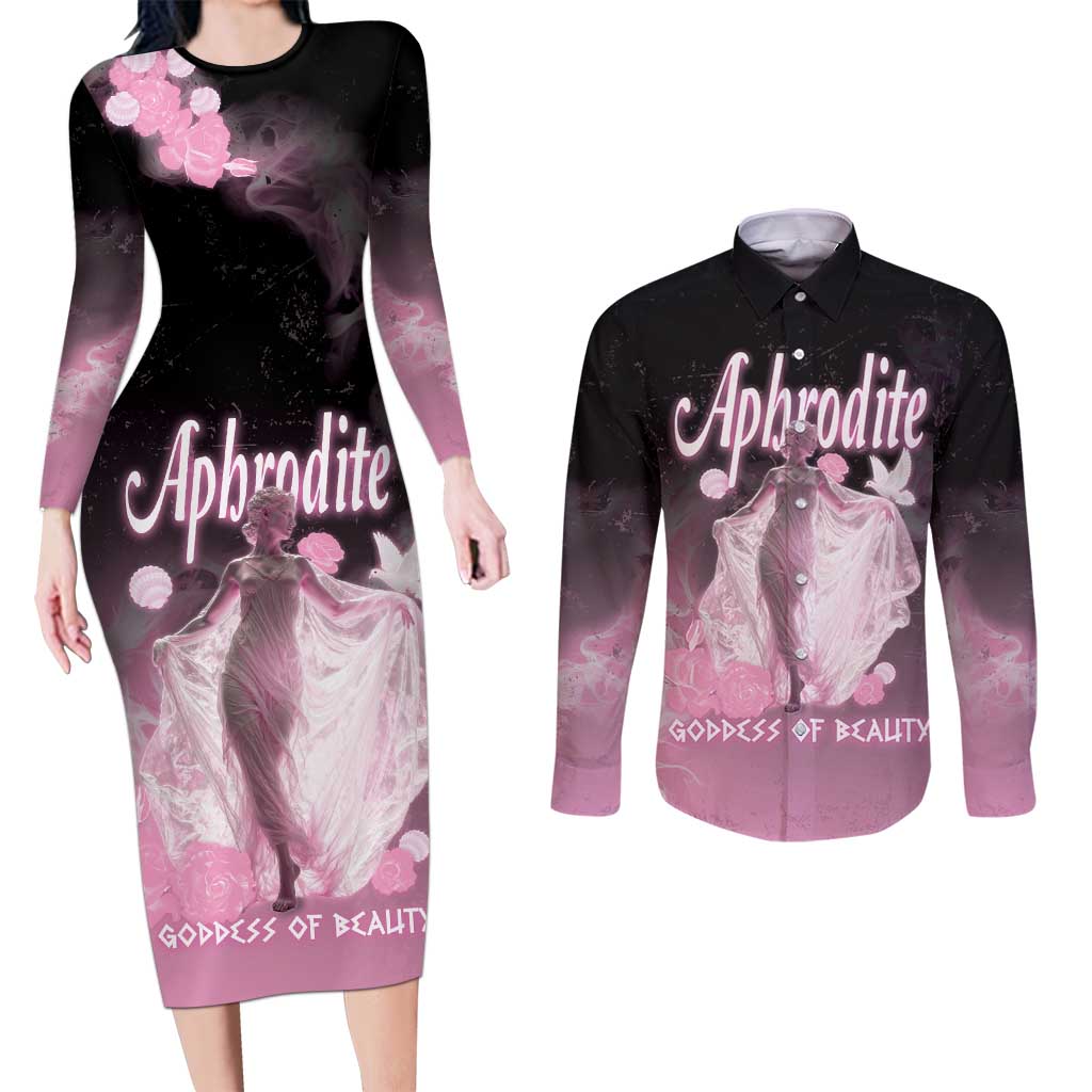 Ancient Greek Aphrodite Couples Matching Long Sleeve Bodycon Dress and Long Sleeve Button Shirt Goddess Of Beauty - Wonder Print Shop