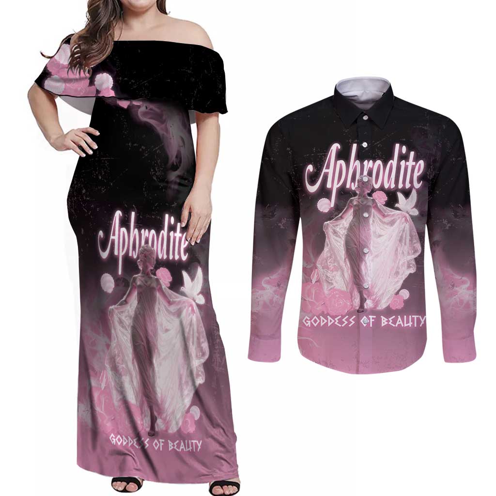Ancient Greek Aphrodite Couples Matching Off Shoulder Maxi Dress and Long Sleeve Button Shirt Goddess Of Beauty - Wonder Print Shop