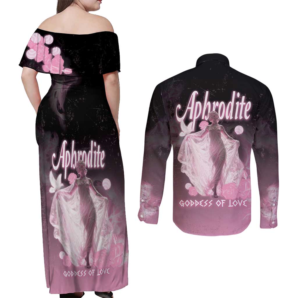 Ancient Greek Aphrodite Couples Matching Off Shoulder Maxi Dress and Long Sleeve Button Shirt Goddess Of Beauty - Wonder Print Shop