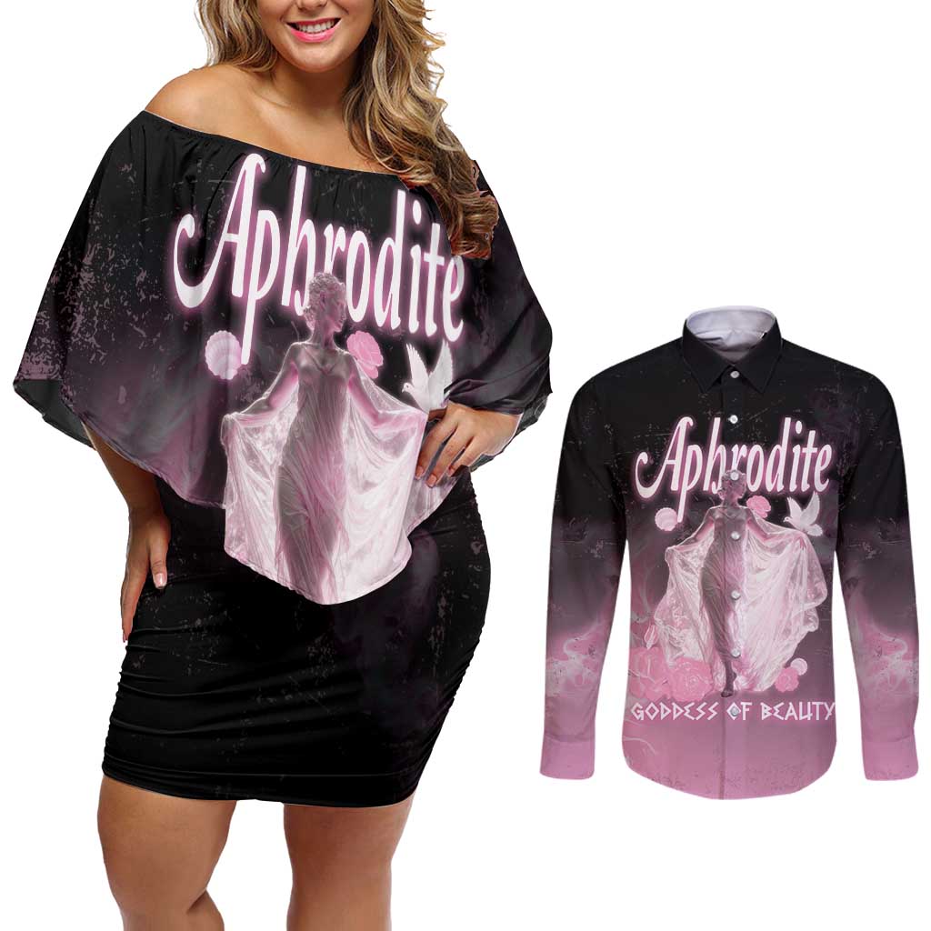 Ancient Greek Aphrodite Couples Matching Off Shoulder Short Dress and Long Sleeve Button Shirt Goddess Of Beauty - Wonder Print Shop