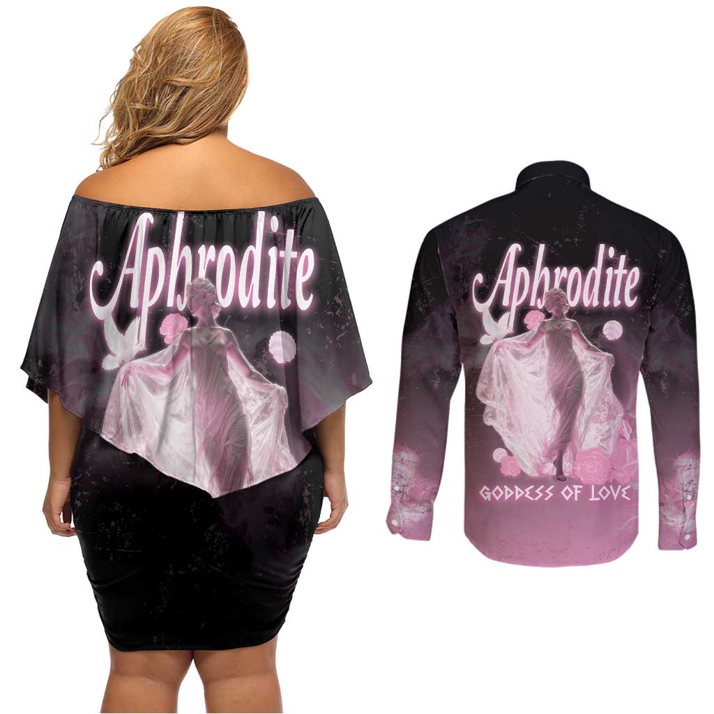 Ancient Greek Aphrodite Couples Matching Off Shoulder Short Dress and Long Sleeve Button Shirt Goddess Of Beauty - Wonder Print Shop