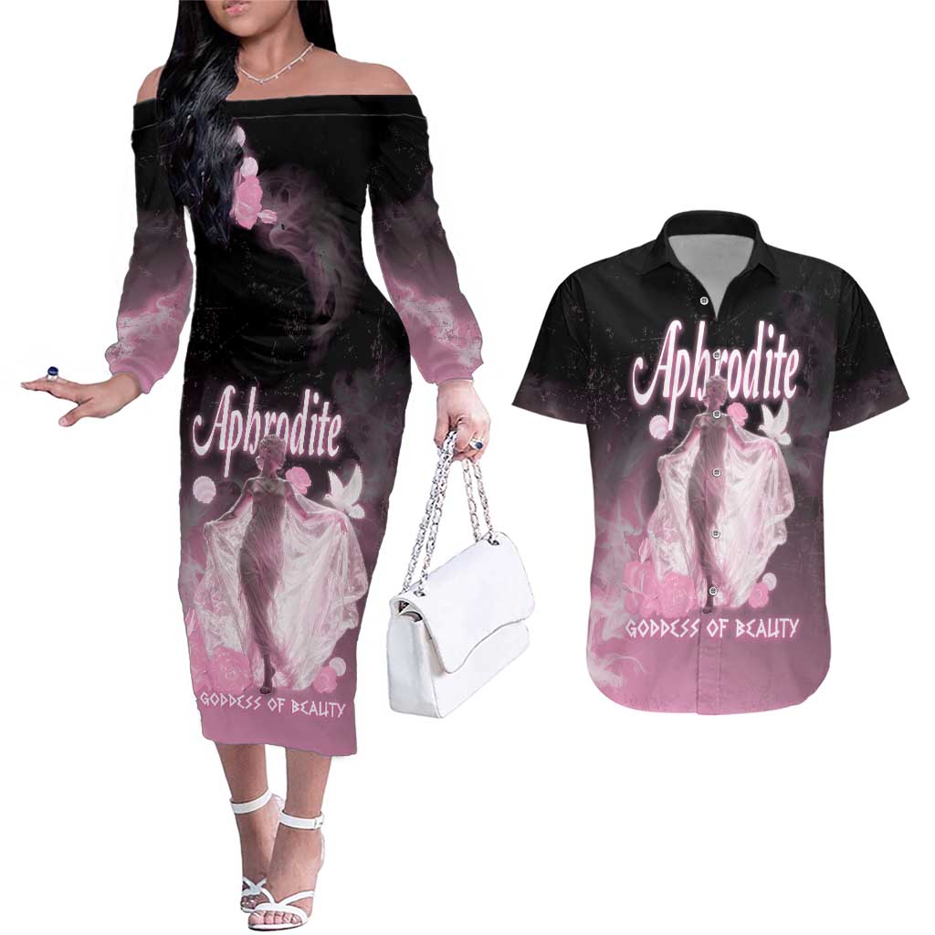Ancient Greek Aphrodite Couples Matching Off The Shoulder Long Sleeve Dress and Hawaiian Shirt Goddess Of Beauty - Wonder Print Shop