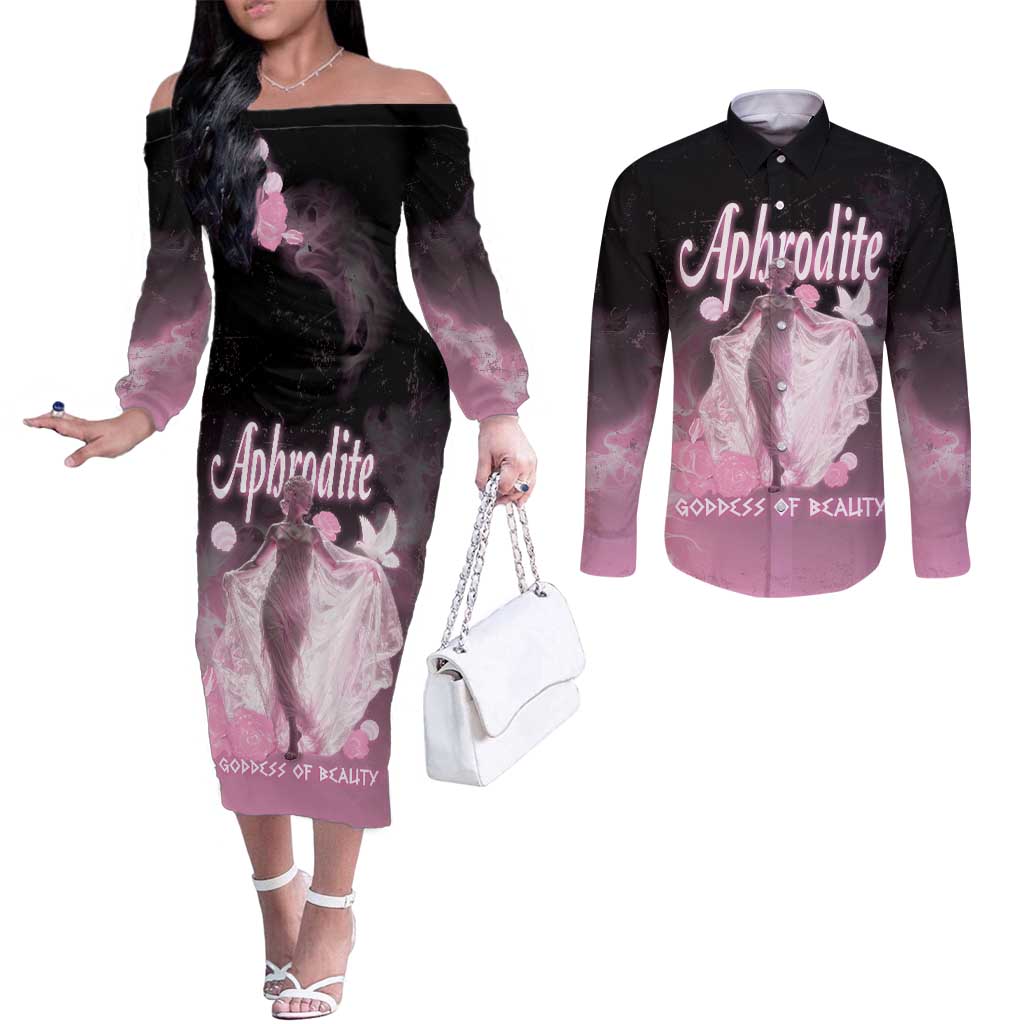 Ancient Greek Aphrodite Couples Matching Off The Shoulder Long Sleeve Dress and Long Sleeve Button Shirt Goddess Of Beauty - Wonder Print Shop