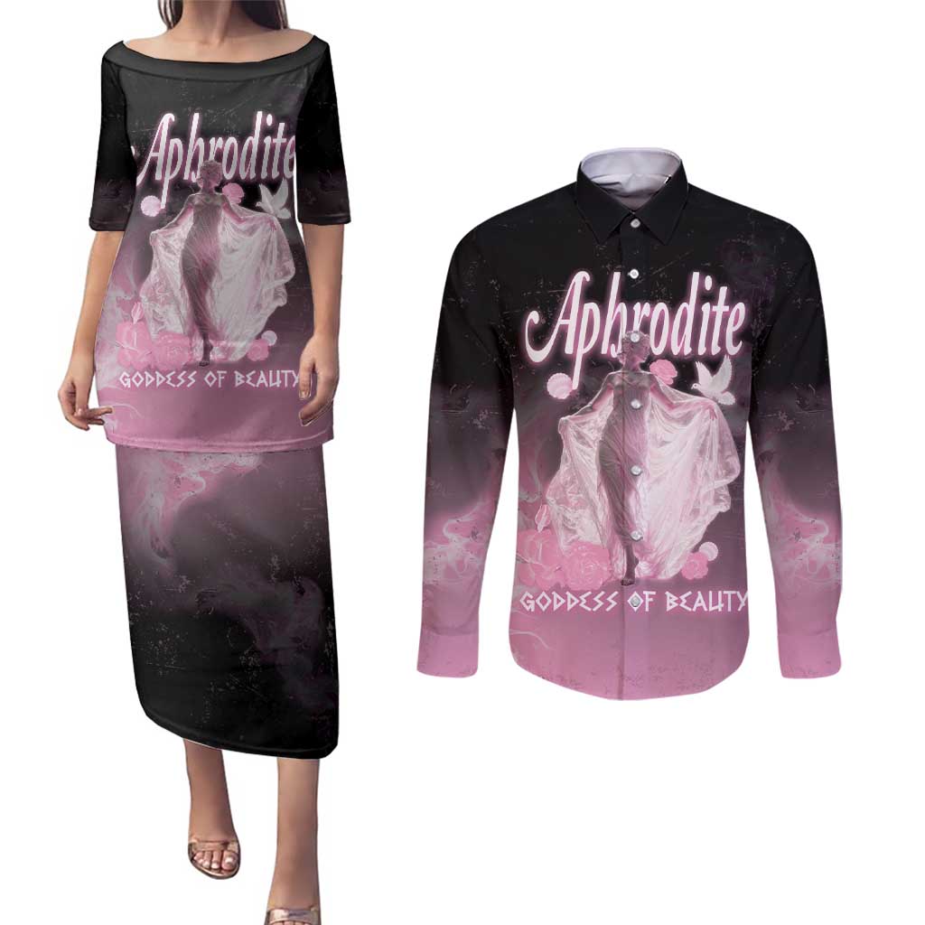 Ancient Greek Aphrodite Couples Matching Puletasi and Long Sleeve Button Shirt Goddess Of Beauty - Wonder Print Shop