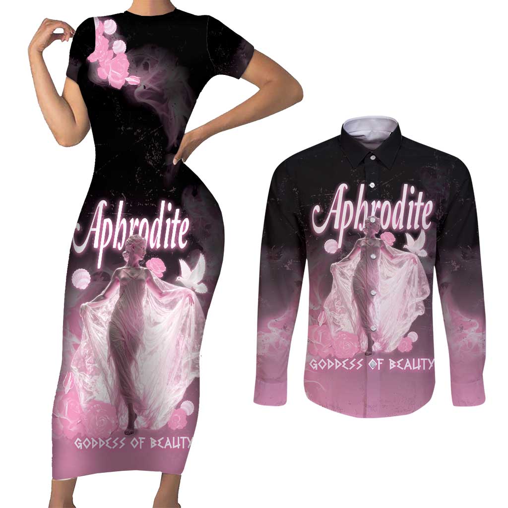 Ancient Greek Aphrodite Couples Matching Short Sleeve Bodycon Dress and Long Sleeve Button Shirt Goddess Of Beauty - Wonder Print Shop