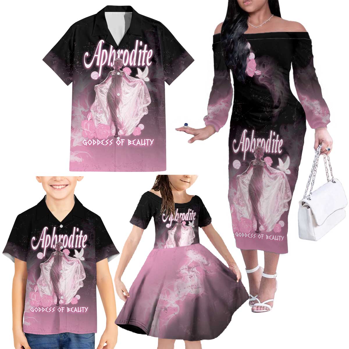 Ancient Greek Aphrodite Family Matching Off The Shoulder Long Sleeve Dress and Hawaiian Shirt Goddess Of Beauty - Wonder Print Shop