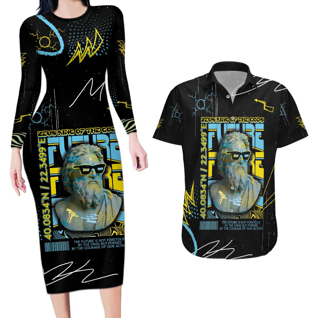 Ancient Greek Zeus Couples Matching Long Sleeve Bodycon Dress and Hawaiian Shirt Futuristic Style - Wonder Print Shop