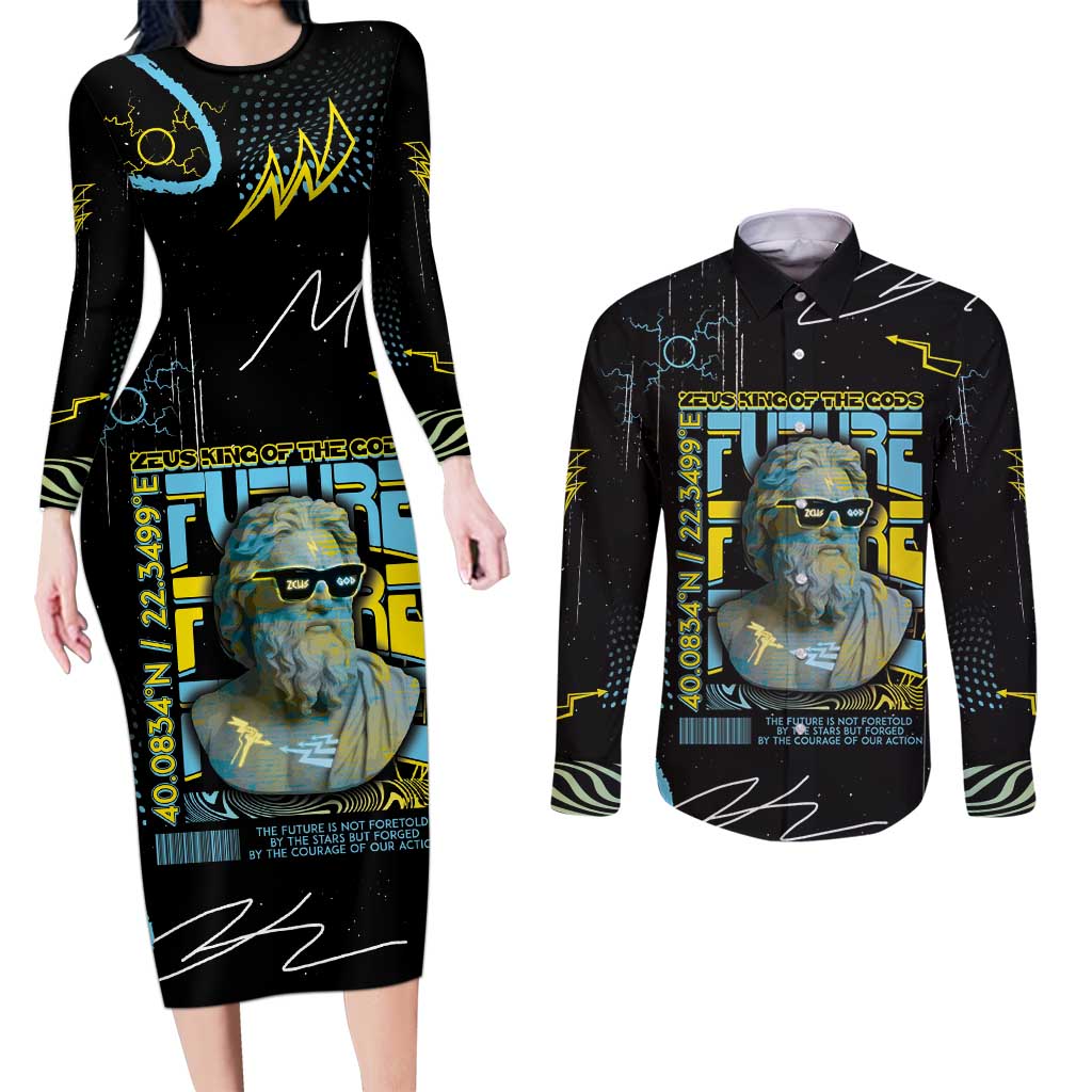 Ancient Greek Zeus Couples Matching Long Sleeve Bodycon Dress and Long Sleeve Button Shirt Futuristic Style - Wonder Print Shop