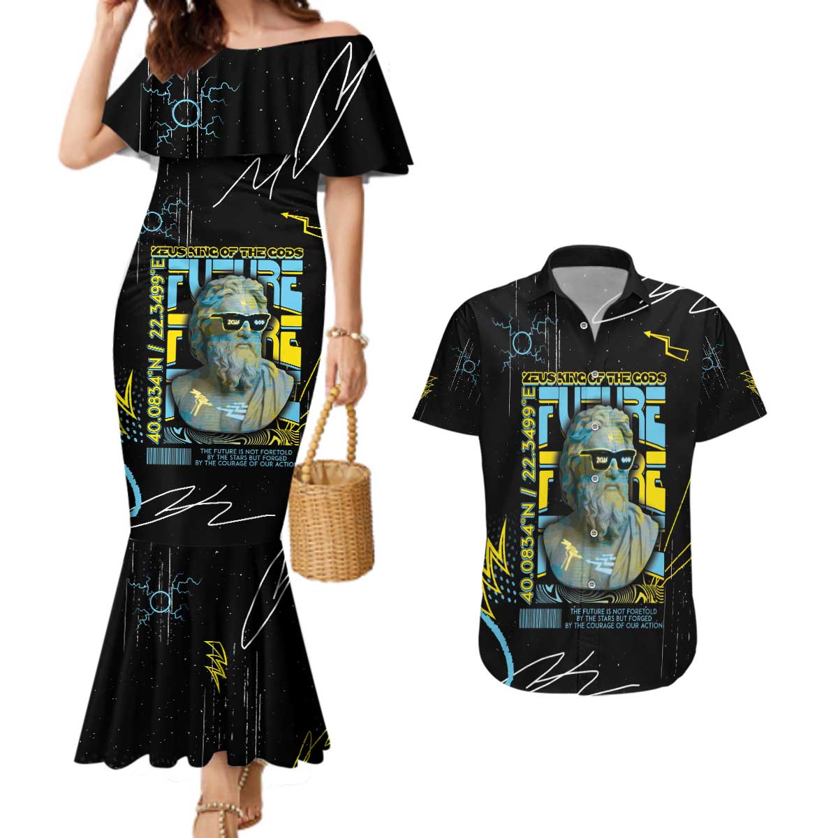 Ancient Greek Zeus Couples Matching Mermaid Dress and Hawaiian Shirt Futuristic Style - Wonder Print Shop