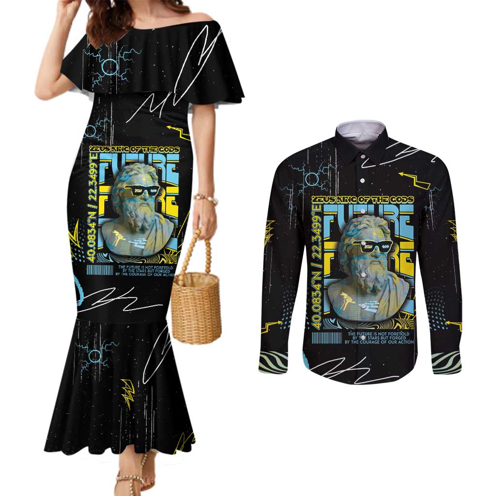 Ancient Greek Zeus Couples Matching Mermaid Dress and Long Sleeve Button Shirt Futuristic Style - Wonder Print Shop