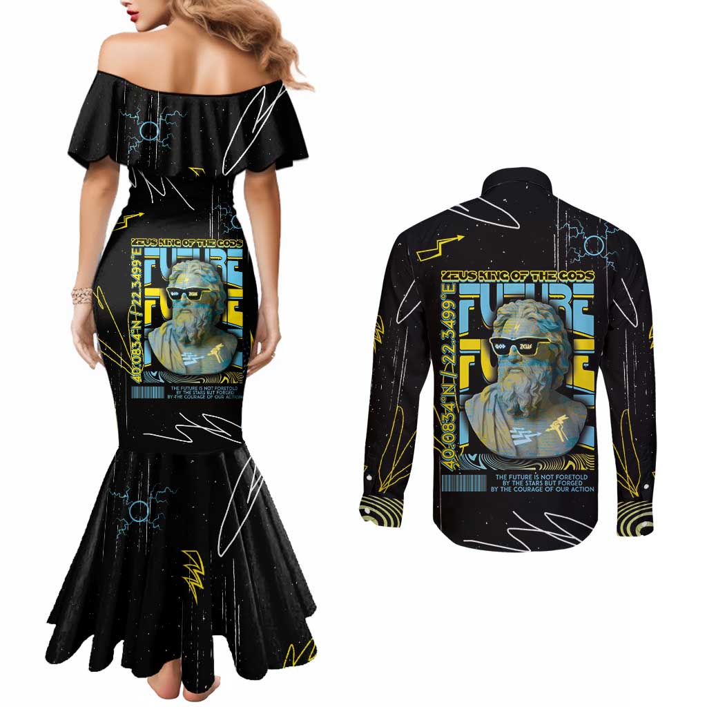 Ancient Greek Zeus Couples Matching Mermaid Dress and Long Sleeve Button Shirt Futuristic Style - Wonder Print Shop