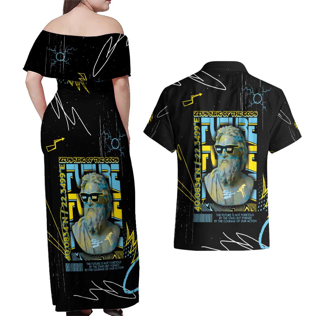 Ancient Greek Zeus Couples Matching Off Shoulder Maxi Dress and Hawaiian Shirt Futuristic Style - Wonder Print Shop