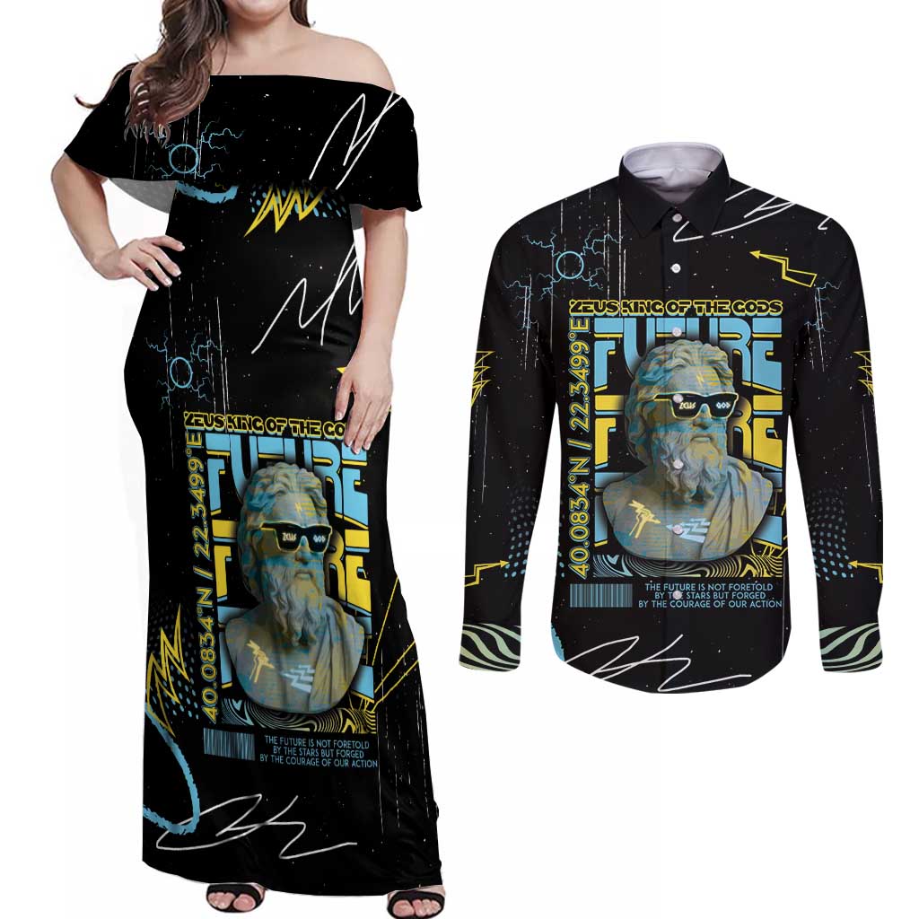 Ancient Greek Zeus Couples Matching Off Shoulder Maxi Dress and Long Sleeve Button Shirt Futuristic Style - Wonder Print Shop