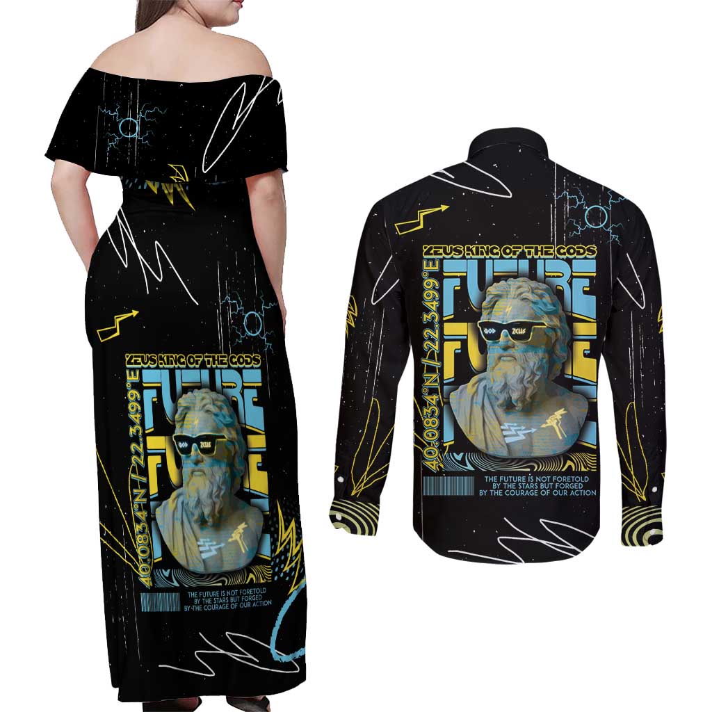 Ancient Greek Zeus Couples Matching Off Shoulder Maxi Dress and Long Sleeve Button Shirt Futuristic Style - Wonder Print Shop