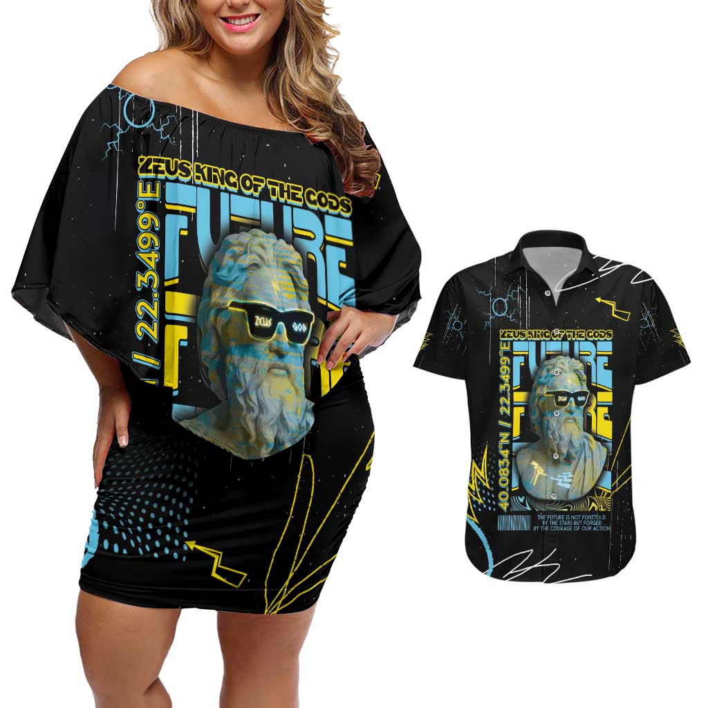 Ancient Greek Zeus Couples Matching Off Shoulder Short Dress and Hawaiian Shirt Futuristic Style - Wonder Print Shop