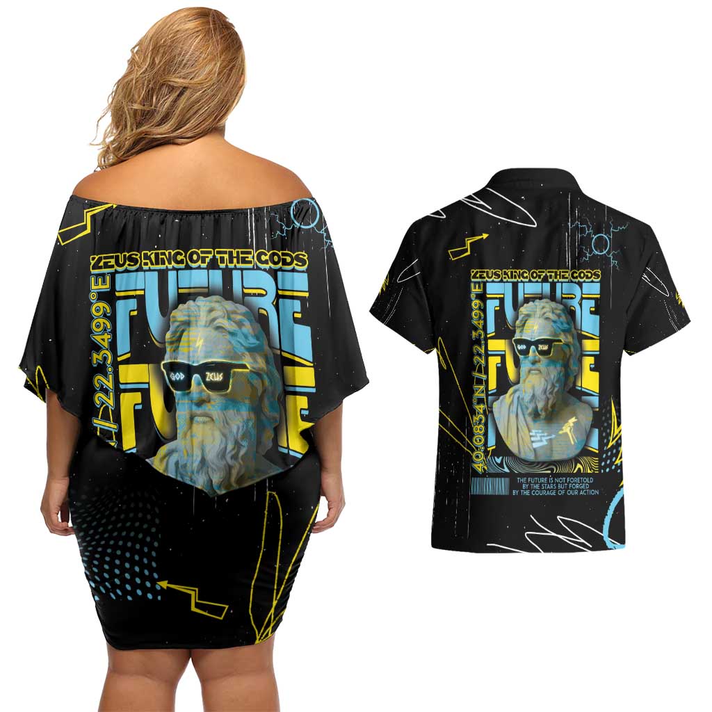 Ancient Greek Zeus Couples Matching Off Shoulder Short Dress and Hawaiian Shirt Futuristic Style - Wonder Print Shop