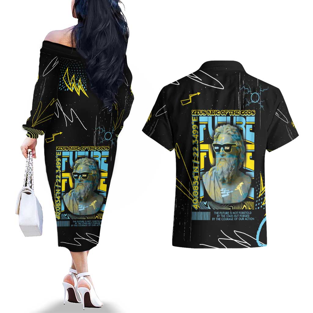 Ancient Greek Zeus Couples Matching Off The Shoulder Long Sleeve Dress and Hawaiian Shirt Futuristic Style - Wonder Print Shop