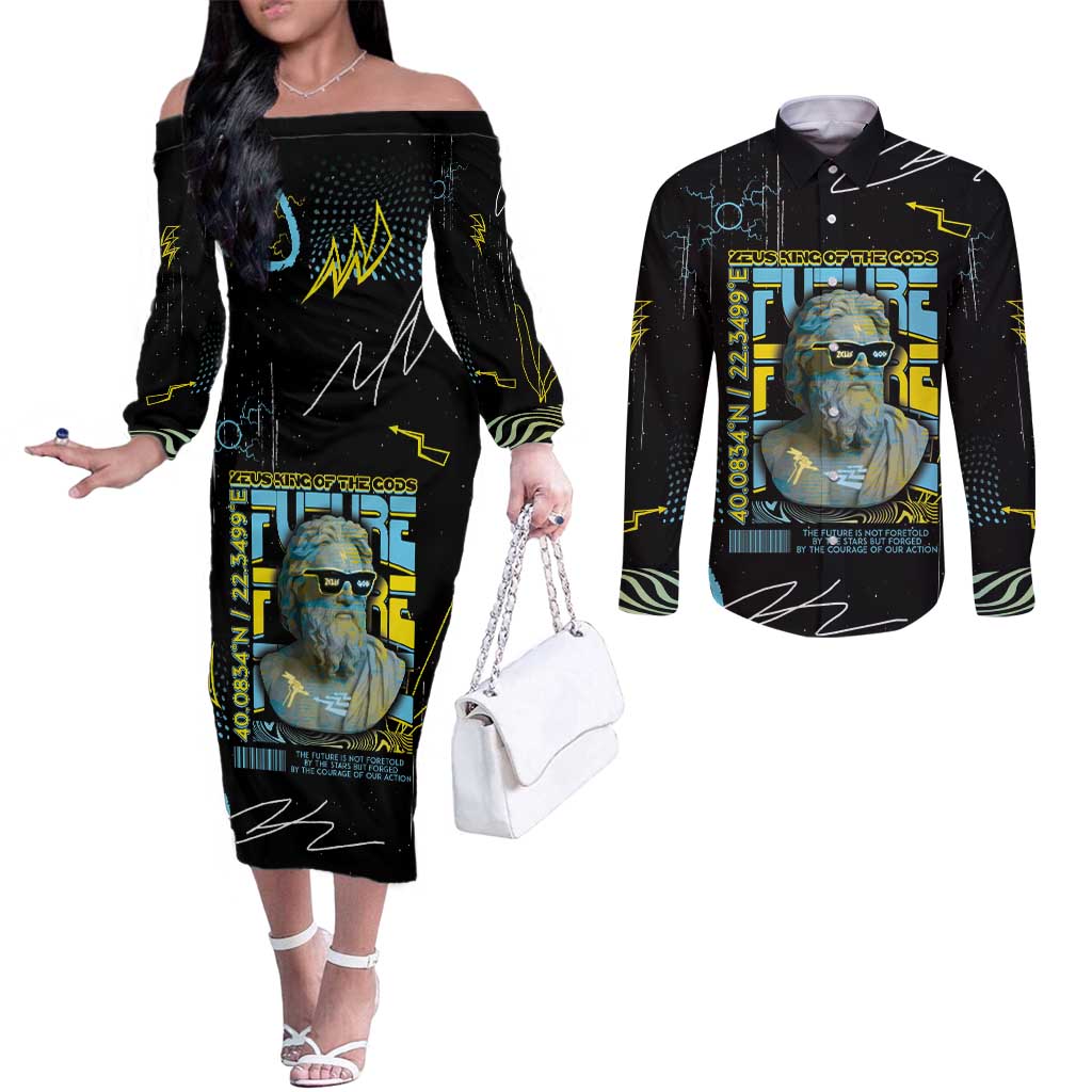 Ancient Greek Zeus Couples Matching Off The Shoulder Long Sleeve Dress and Long Sleeve Button Shirt Futuristic Style - Wonder Print Shop