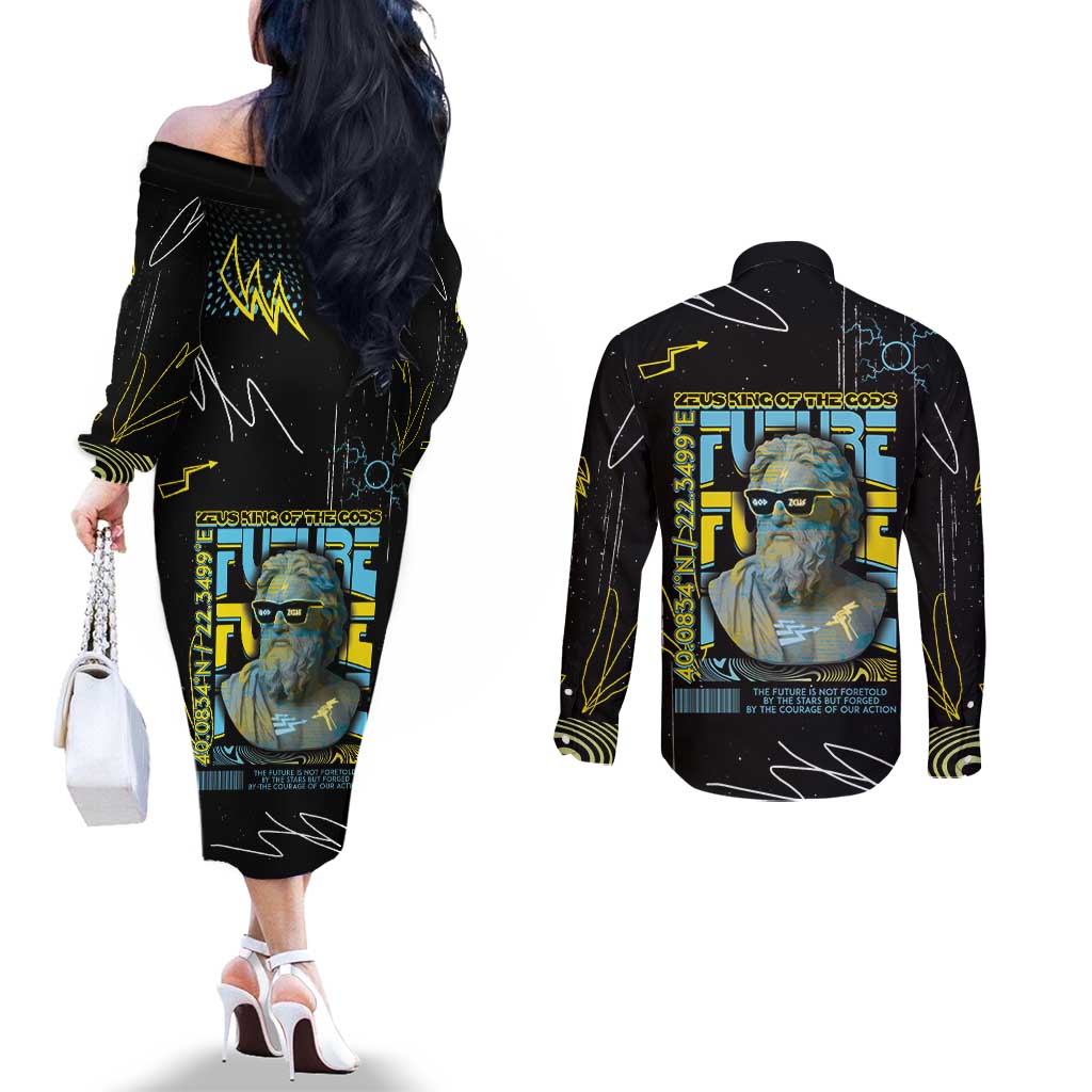 Ancient Greek Zeus Couples Matching Off The Shoulder Long Sleeve Dress and Long Sleeve Button Shirt Futuristic Style - Wonder Print Shop