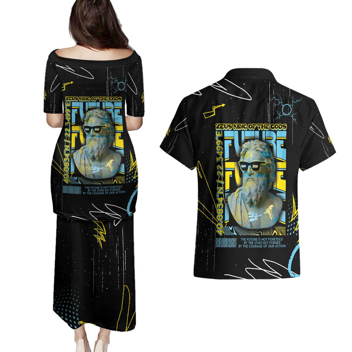 Ancient Greek Zeus Couples Matching Puletasi and Hawaiian Shirt Futuristic Style - Wonder Print Shop