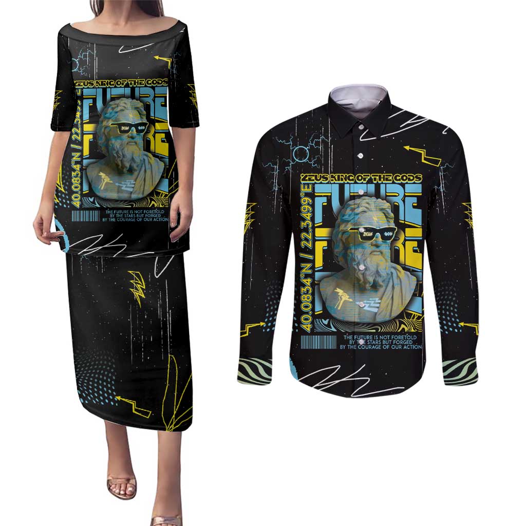Ancient Greek Zeus Couples Matching Puletasi and Long Sleeve Button Shirt Futuristic Style - Wonder Print Shop