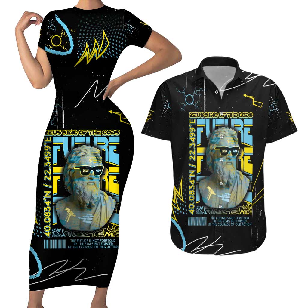 Ancient Greek Zeus Couples Matching Short Sleeve Bodycon Dress and Hawaiian Shirt Futuristic Style - Wonder Print Shop