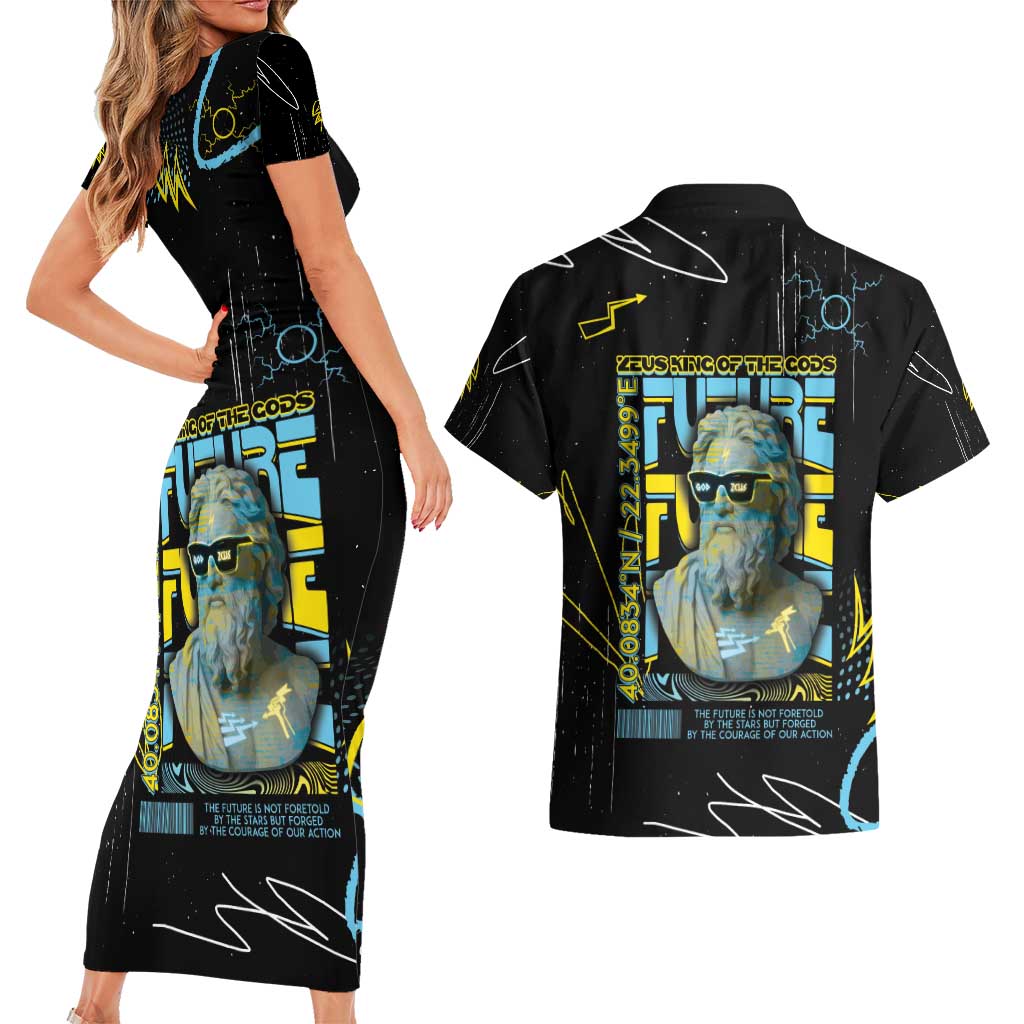 Ancient Greek Zeus Couples Matching Short Sleeve Bodycon Dress and Hawaiian Shirt Futuristic Style - Wonder Print Shop