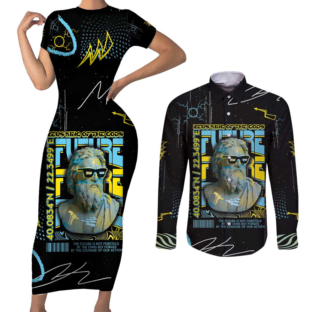 Ancient Greek Zeus Couples Matching Short Sleeve Bodycon Dress and Long Sleeve Button Shirt Futuristic Style - Wonder Print Shop