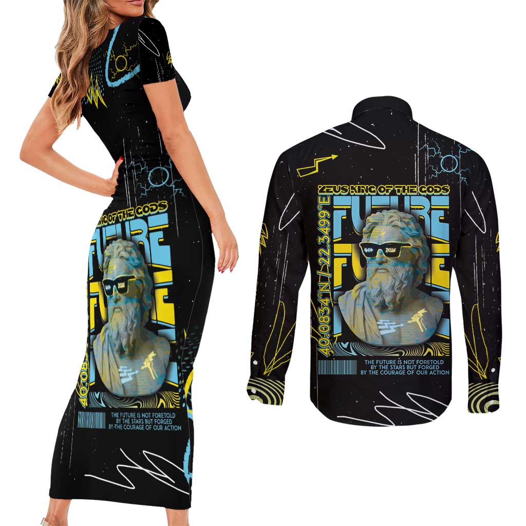 Ancient Greek Zeus Couples Matching Short Sleeve Bodycon Dress and Long Sleeve Button Shirt Futuristic Style - Wonder Print Shop