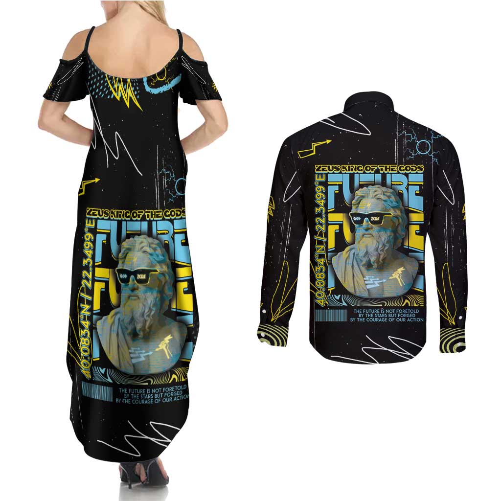Ancient Greek Zeus Couples Matching Summer Maxi Dress and Long Sleeve Button Shirt Futuristic Style - Wonder Print Shop