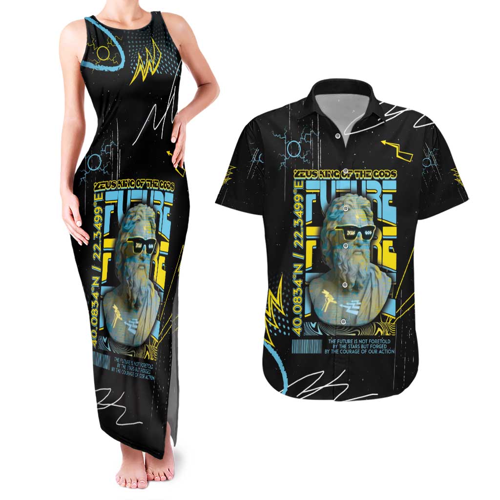 Ancient Greek Zeus Couples Matching Tank Maxi Dress and Hawaiian Shirt Futuristic Style - Wonder Print Shop