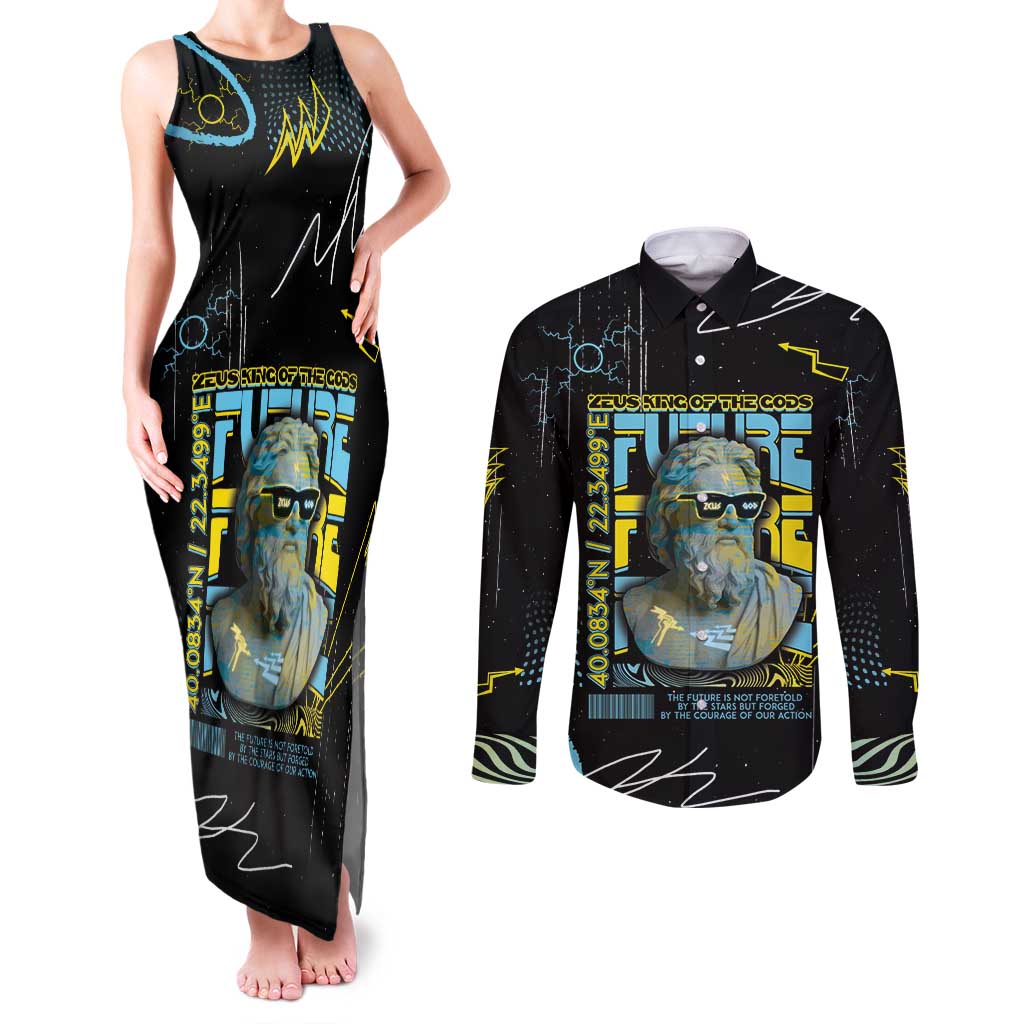 Ancient Greek Zeus Couples Matching Tank Maxi Dress and Long Sleeve Button Shirt Futuristic Style - Wonder Print Shop