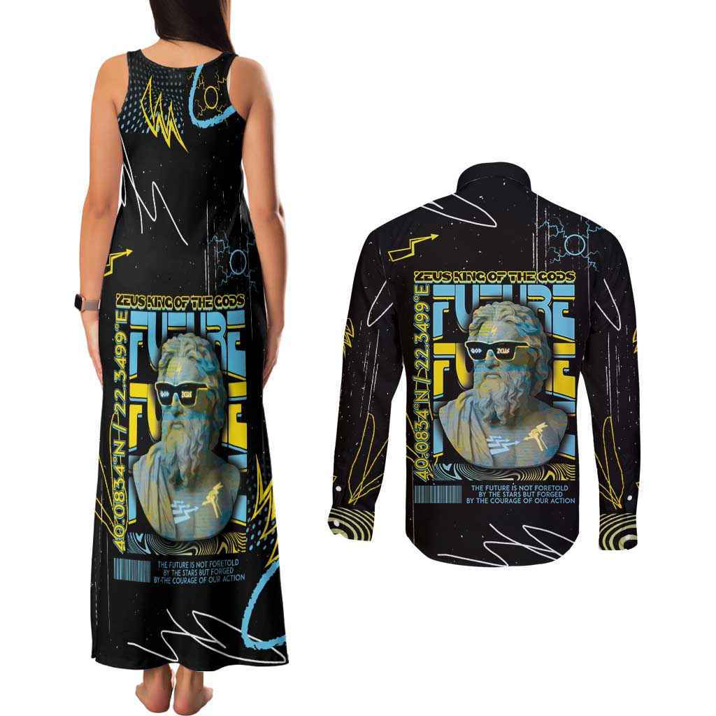 Ancient Greek Zeus Couples Matching Tank Maxi Dress and Long Sleeve Button Shirt Futuristic Style - Wonder Print Shop