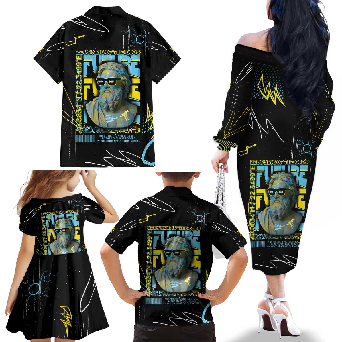 Ancient Greek Zeus Family Matching Off The Shoulder Long Sleeve Dress and Hawaiian Shirt Futuristic Style - Wonder Print Shop
