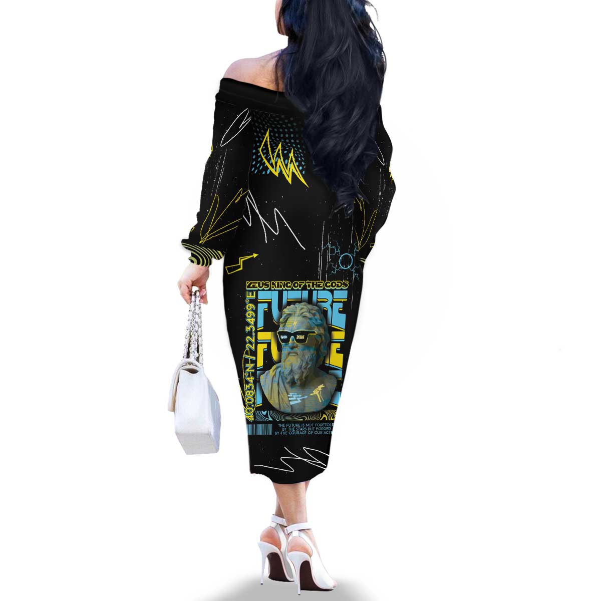 Ancient Greek Zeus Family Matching Off The Shoulder Long Sleeve Dress and Hawaiian Shirt Futuristic Style - Wonder Print Shop