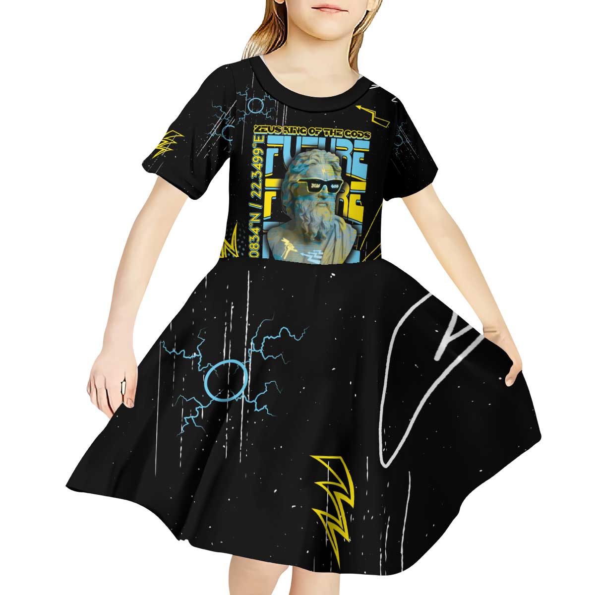 Ancient Greek Zeus Kid Short Sleeve Dress Futuristic Style - Wonder Print Shop