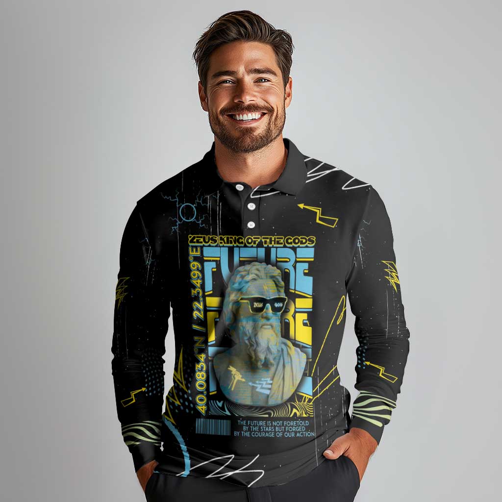 Ancient Greek Zeus Long Sleeve Polo Shirt Futuristic Style - Wonder Print Shop