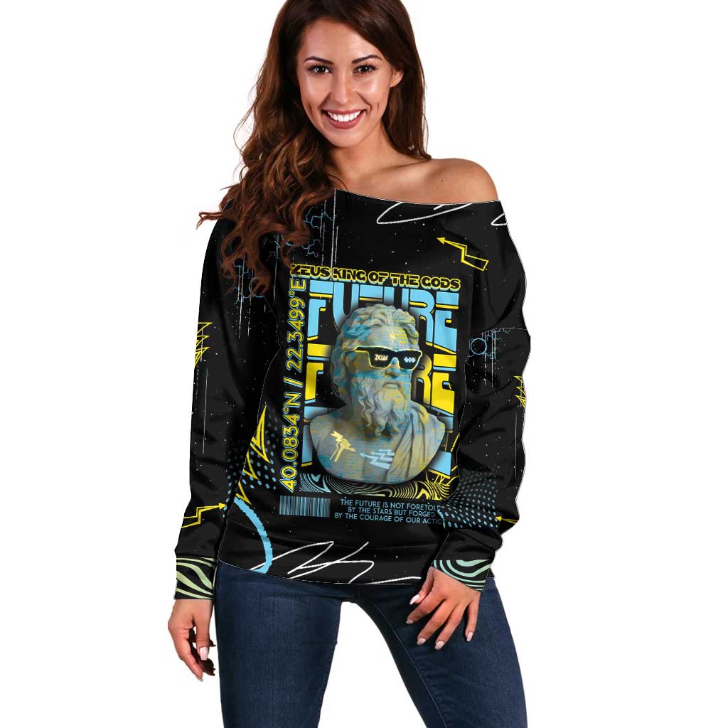 Ancient Greek Zeus Off Shoulder Sweater Futuristic Style - Wonder Print Shop