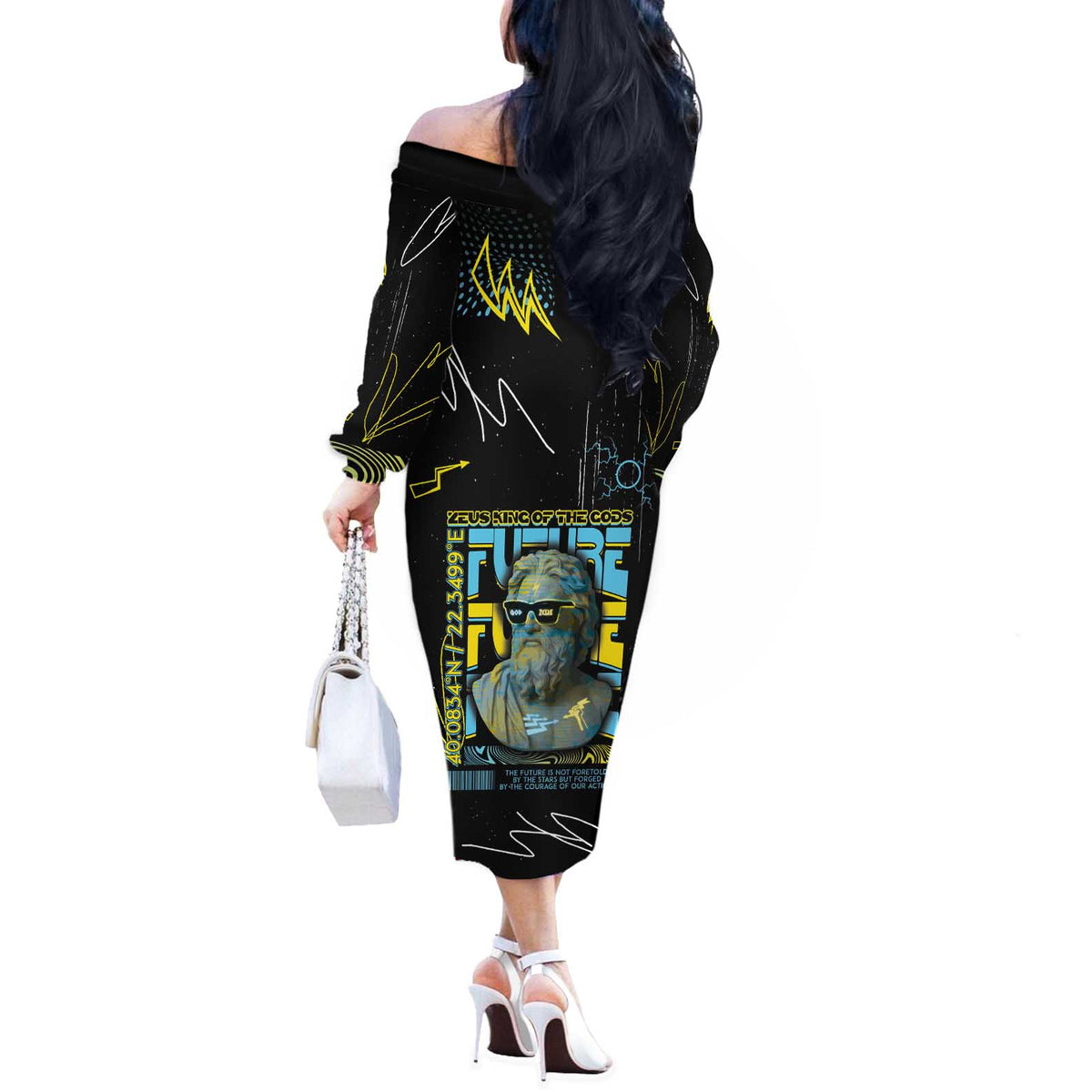 Ancient Greek Zeus Off The Shoulder Long Sleeve Dress Futuristic Style - Wonder Print Shop