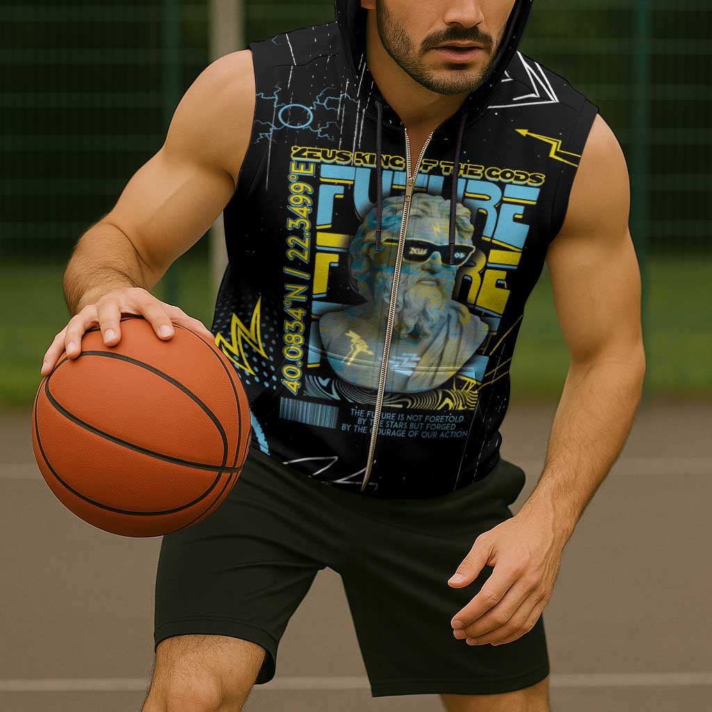 Ancient Greek Zeus Sleeveless Zip Hoodie Futuristic Style - Wonder Print Shop