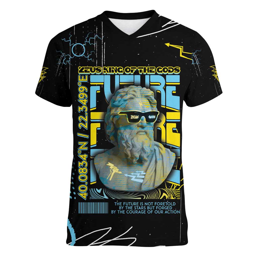 Ancient Greek Zeus Women V-Neck T-Shirt Futuristic Style - Wonder Print Shop