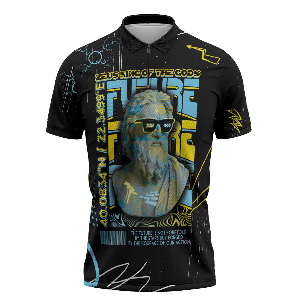 Ancient Greek Zeus Zipper Polo Shirt Futuristic Style - Wonder Print Shop
