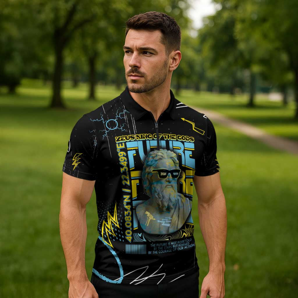 Ancient Greek Zeus Zipper Polo Shirt Futuristic Style - Wonder Print Shop